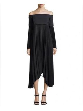 ALC Serena Off-the-Shoulder Pleated Midi Dress | Black | Size 14